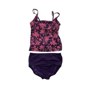 Lands' End Purple Pink Floral Two Piece Tankini Underwire Bikini Bottom Set 10